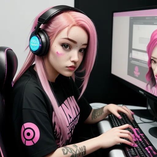 a girl with pink hair is using a computer keyboard and headphones to play a video game on her computer, by Terada Katsuya