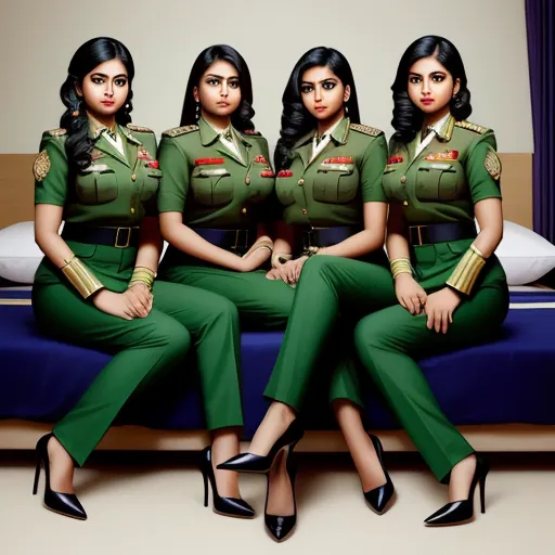 make a picture 4k online - three women in green uniforms sitting on a bed together, with one woman in high heels and the other in high heels, by Conor Harrington