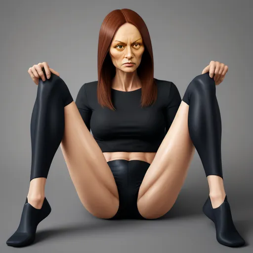 a woman with a black top and black pants is sitting on the floor with her legs crossed and her head tilted, by David Firth