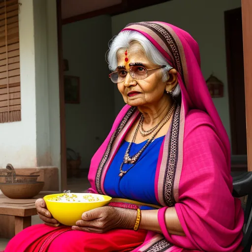 ai created images - a woman in a pink and blue outfit holding a bowl of food in her hands and looking at the camera, by Raja Ravi Varma