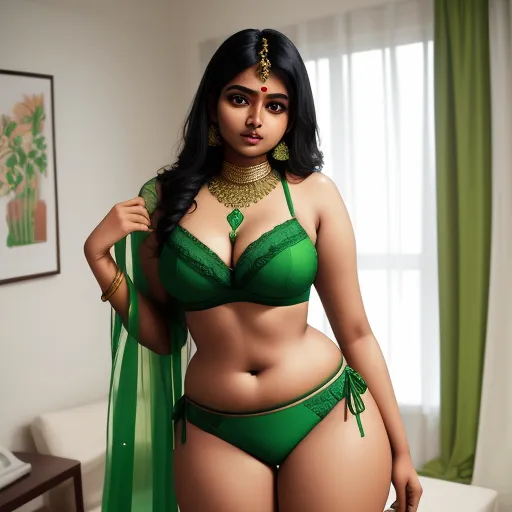 a woman in a green bra and green sari is posing for a picture in a green bra and green sari, by Hendrik van Steenwijk I