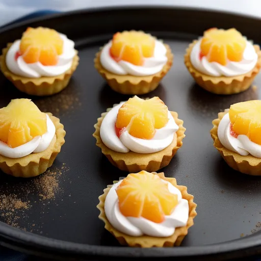 increasing resolution of image - a tray of cupcakes with oranges and whipped cream on top of them on a tablecloth, by David Young Cameron