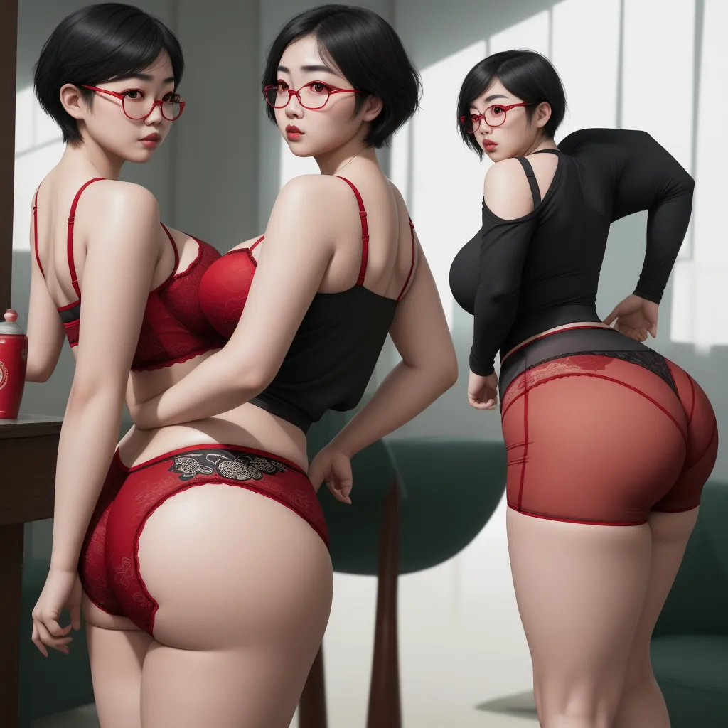 a woman in a red panties and a black top is looking at her reflection in a mirror and another woman in a black top is wearing a red bra, by Terada Katsuya