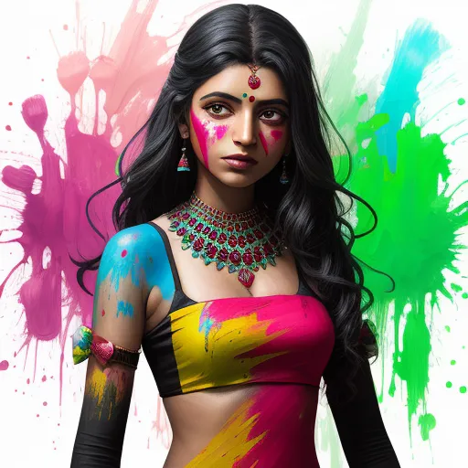 a woman with a colorful body paint and jewelry on her chest and chest, with a paint splattered background, by Patrice Murciano