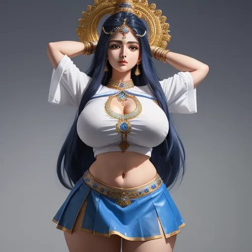 a woman in a costume with a large breast and a gold headpiece on her head and a blue skirt, by Sailor Moon