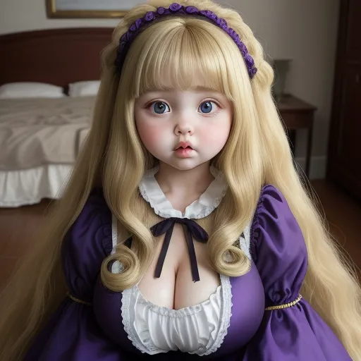 ai based photo enhancer - a doll with long blonde hair sitting on a bed in a purple dress with a bow around her neck, by Terada Katsuya