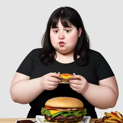 turn image into hd - a woman is holding a hamburger and making a face while eating it with her hands and fingers, while a plate of fries and a burger are on the table, by Botero