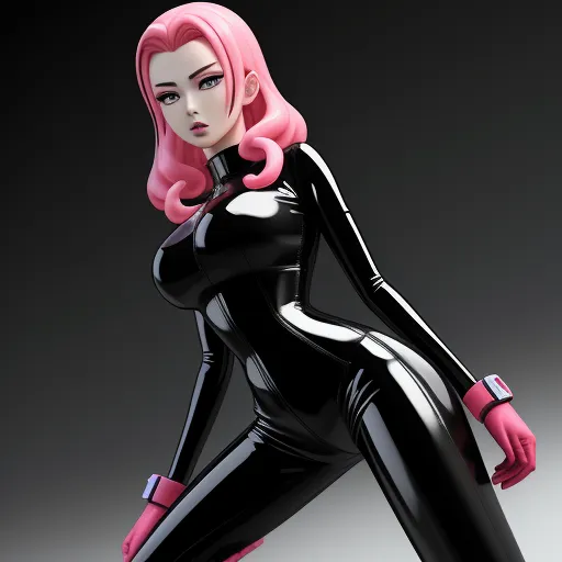 enlarge image - a woman in a black catsuit with pink hair and a pink nose and nose ring, posing for a picture, by Akira Toriyama