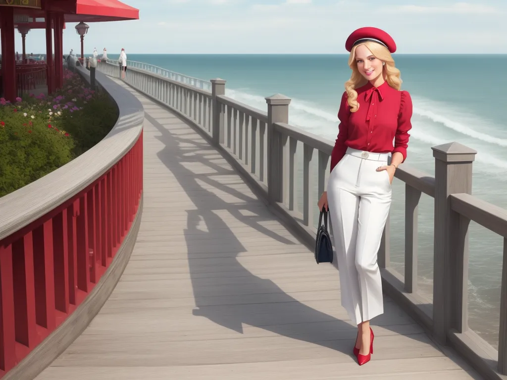 upscaler - a woman in a red shirt and white pants is standing on a boardwalk near the ocean and a red building, by Frédéric Bazille