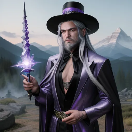 high resolution images - a man in a purple outfit holding a purple sword and a purple hat on his head and a mountain in the background, by Terada Katsuya