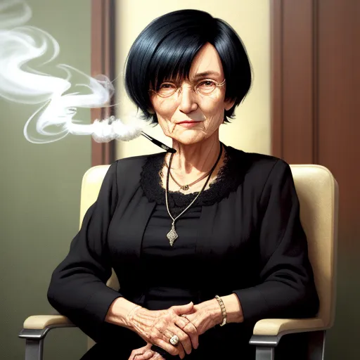 how to make photos high resolution - a woman sitting in a chair with a cigarette in her mouth and a cigarette in her mouth, with smoke coming out of her mouth, by Rumiko Takahashi