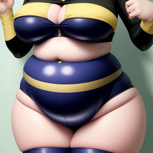 ultra hd print - a woman in a big belly wearing a yellow and black top and blue pants with a large breast and a large breast, by Akira Toriyama