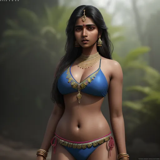 1080p to 4k converter - a woman in a bikini with a necklace and earrings on her head and a necklace on her neck and a necklace on her head, by Raja Ravi Varma