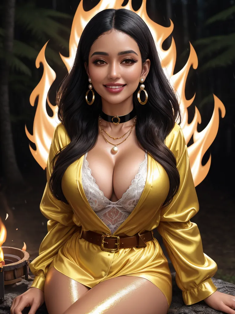 text to ai generated image - a woman in a gold outfit sitting on a rock with a fire in the background and a fire pit in the foreground, by Terada Katsuya