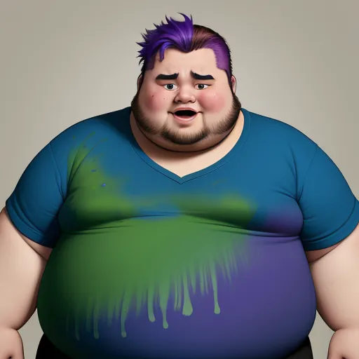 a fat man with purple hair and a blue shirt is standing in front of a gray background with a green and purple paint drip, by Pixar Concept Artists