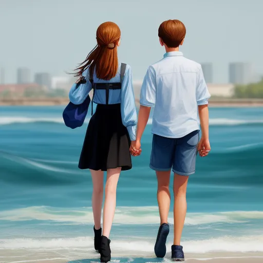 free high resolution images - a couple walking on the beach holding hands and looking at the ocean with a city in the background,, by Liu Ye