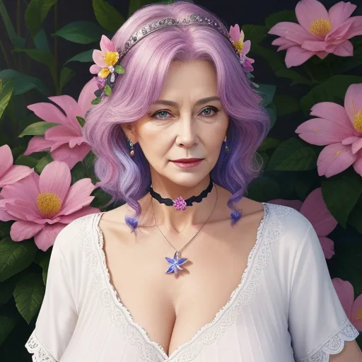 what is high resolution photo - a woman with purple hair and a tiara standing in front of pink flowers with a crown on her head, by Gregory Crewdson