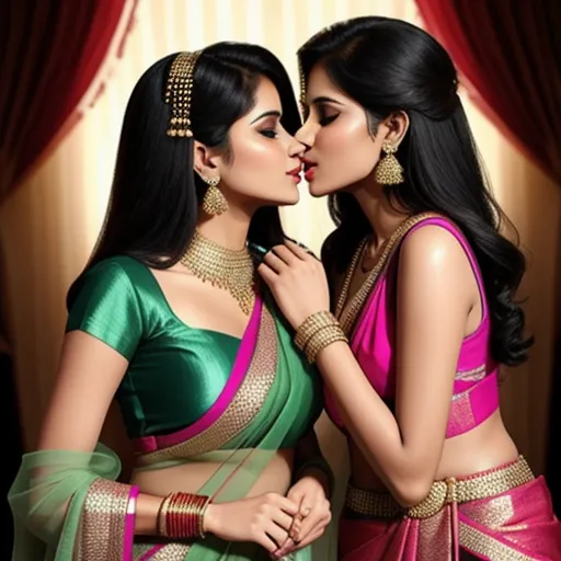 free hd online - two women in sari kissing each other in front of a curtain with a red curtain behind them and a red curtain behind them, by Raja Ravi Varma