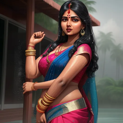 image from text ai - a woman in a sari is posing for a picture with her hand on her hip and her right arm on her hip, by Raja Ravi Varma