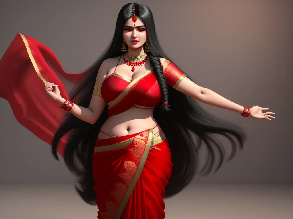 a woman in a red sari with long hair and a red scarf around her neck and arms outstretched, by Raja Ravi Varma