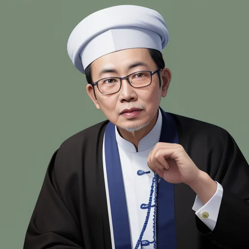 text to ai generated image - a man in a white hat and black jacket with a blue tie and a necklace on his neck and a black jacket on his left, by Chen Daofu