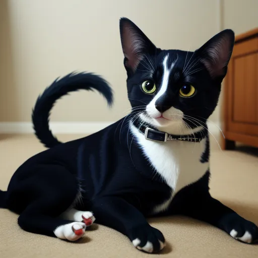 a black and white cat with a collar and a collared collar sitting on the floor in front of a cabinet, by Hirohiko Araki