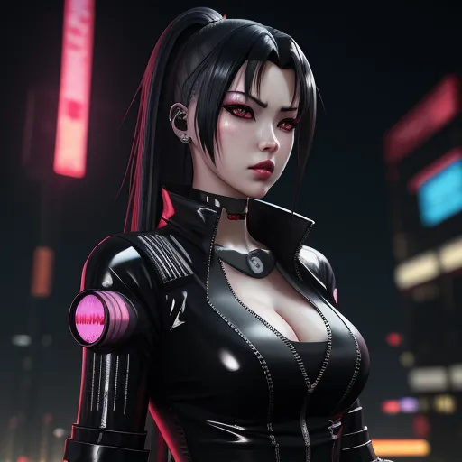 make any photo hd - a woman in a black outfit with a pink light on her chest and a city in the background with neon lights, by Terada Katsuya