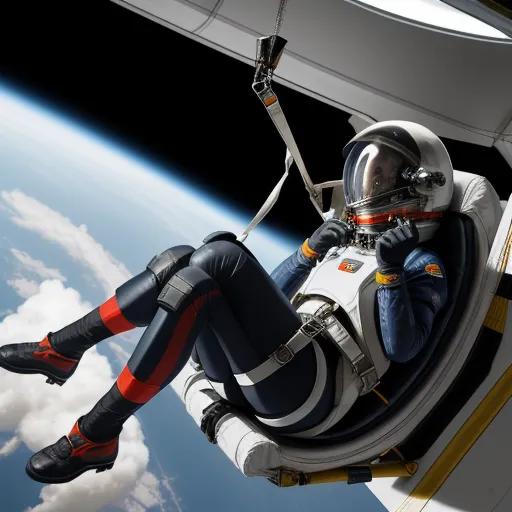 a man in a space suit is suspended from a space station in the sky above the earth, with a view of the earth below, by Jeremy Geddes