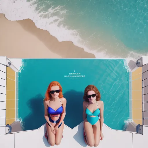 two women in bikinis sitting on a wall next to a pool with a view of the ocean and a beach, by Alex Prager