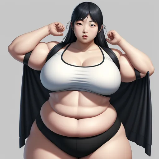 ai photo enhancer - a woman with big breast and a black cape on her head, posing for a picture in a white top, by Terada Katsuya