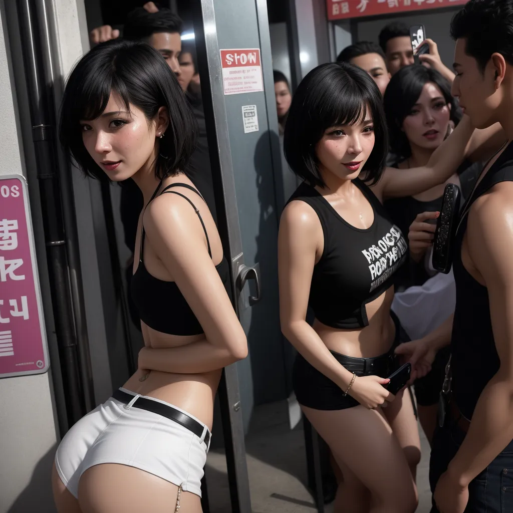 a group of asian women standing next to each other in front of a building with a man taking a picture, by Chen Daofu