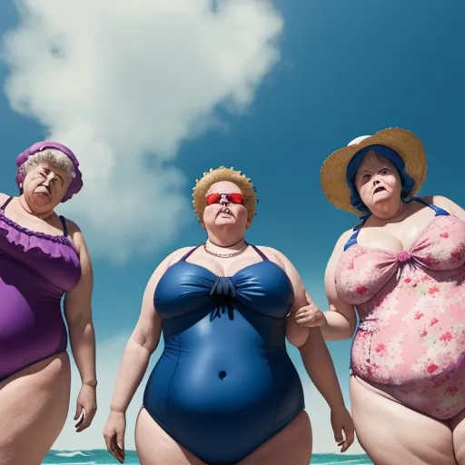 three fat women standing in the water wearing swimsuits and hats, one in a bathing suit and one in a bathing suit, by Alex Prager