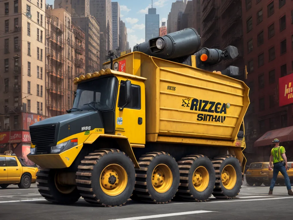 photo coverter - a large yellow dump truck driving down a street next to tall buildings and traffic lights on a city street, by Pixar Concept Artists