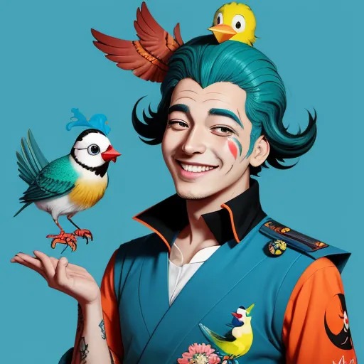 free photo enhancer online - a man with a bird on his head and a bird on his shoulder, with a bird on his shoulder, by Lois van Baarle