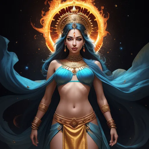 increase resolution of image - a woman in a bikini with a sun behind her head and a fire ring around her neck, standing in front of a black background, by Tom Bagshaw