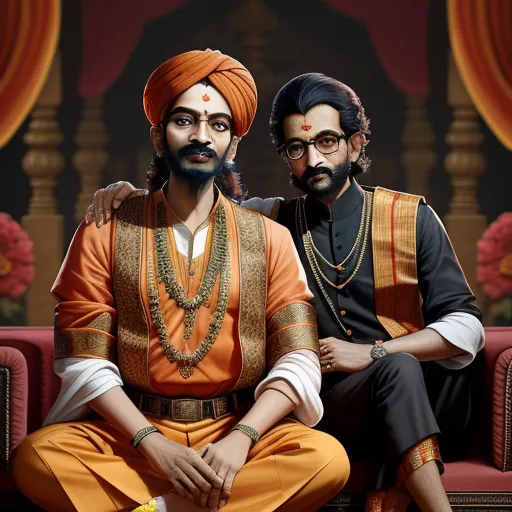 ai that creates any picture - two men in indian garb sitting on a couch together, one of them is wearing a turban, by Raja Ravi Varma