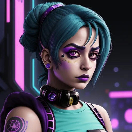 best free text to image ai - a woman with blue hair and a blue top with a purple background and a neon pink background and a neon pink background, by Lois van Baarle
