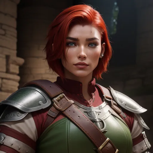 animated image ai - a woman with red hair and armor standing in front of a brick wall with a sword in her hand, by François Louis Thomas Francia