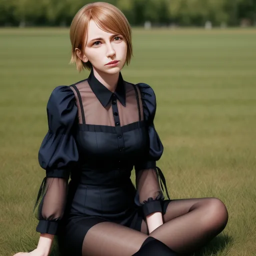 ai image generator from image - a woman in a black dress sitting on the grass in a field of grass with trees in the background, by Terada Katsuya