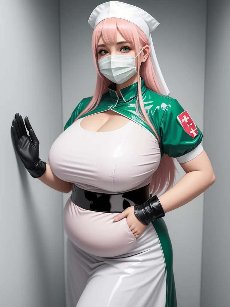 turn photos to 4k - a woman in a nurse costume is wearing a mask and gloves and is posing for a picture with her hands on her hips, by Terada Katsuya