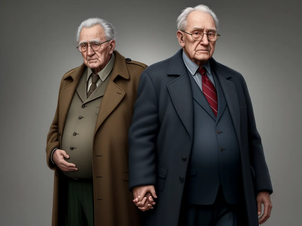 ai that can generate images - a couple of older men standing next to each other in coats and ties, one of them holding the other's hand, by Anton Semenov
