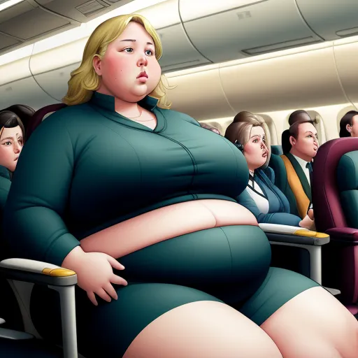 how to make a photo high resolution - a fat woman sitting on an airplane seat with other people watching her from the seat back side of the plane, by Botero