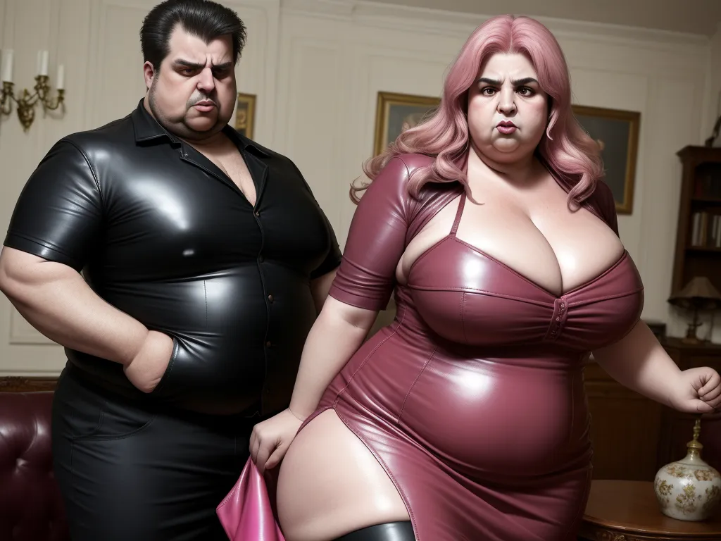 convert photo to 4k resolution - a fat woman in a leather dress and a man in a black shirt stand next to each other in a living room, by Botero