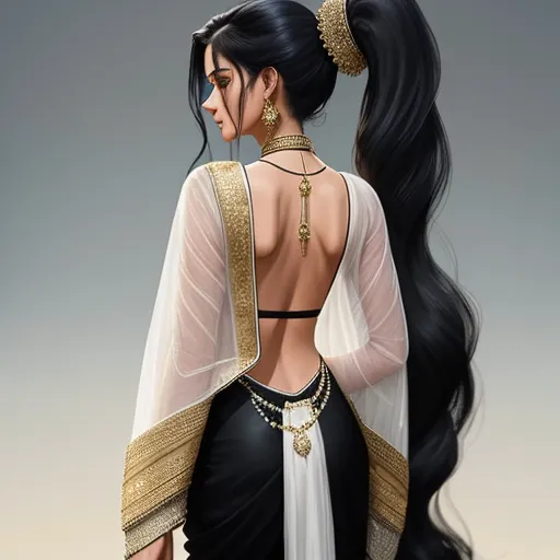 high resolution image - a woman with long black hair wearing a white and gold dress and a gold necklace and a black and white sari, by Lois van Baarle