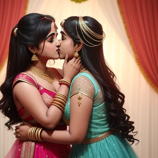 4k quality converter - two women in indian dress kissing each other with a red curtain behind them and a gold and green border around the neck, by Hendrik van Steenwijk I