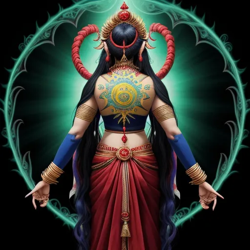 best ai photo editor - a woman in a red and blue outfit with horns on her head and a green circle around her neck, by Raja Ravi Varma