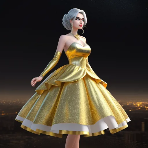 generate picture from text - a woman in a gold dress standing in the dark with a city in the background at night time,, by Sailor Moon