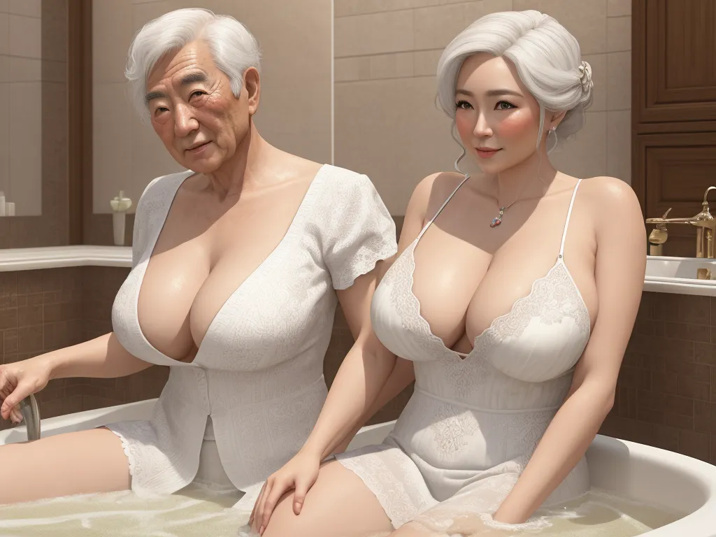 a couple of women sitting in a bath tub next to each other in a bathroom sink with a mirror, by Terada Katsuya