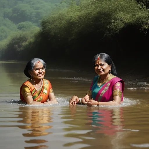 make photos hd free - two women in sari bathing in a river with trees in the background and a hill in the distance, by Alec Soth