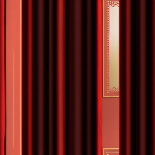 a red curtain with a gold border and a gold frame on it, with a gold border on the curtain, by NHK Animation
